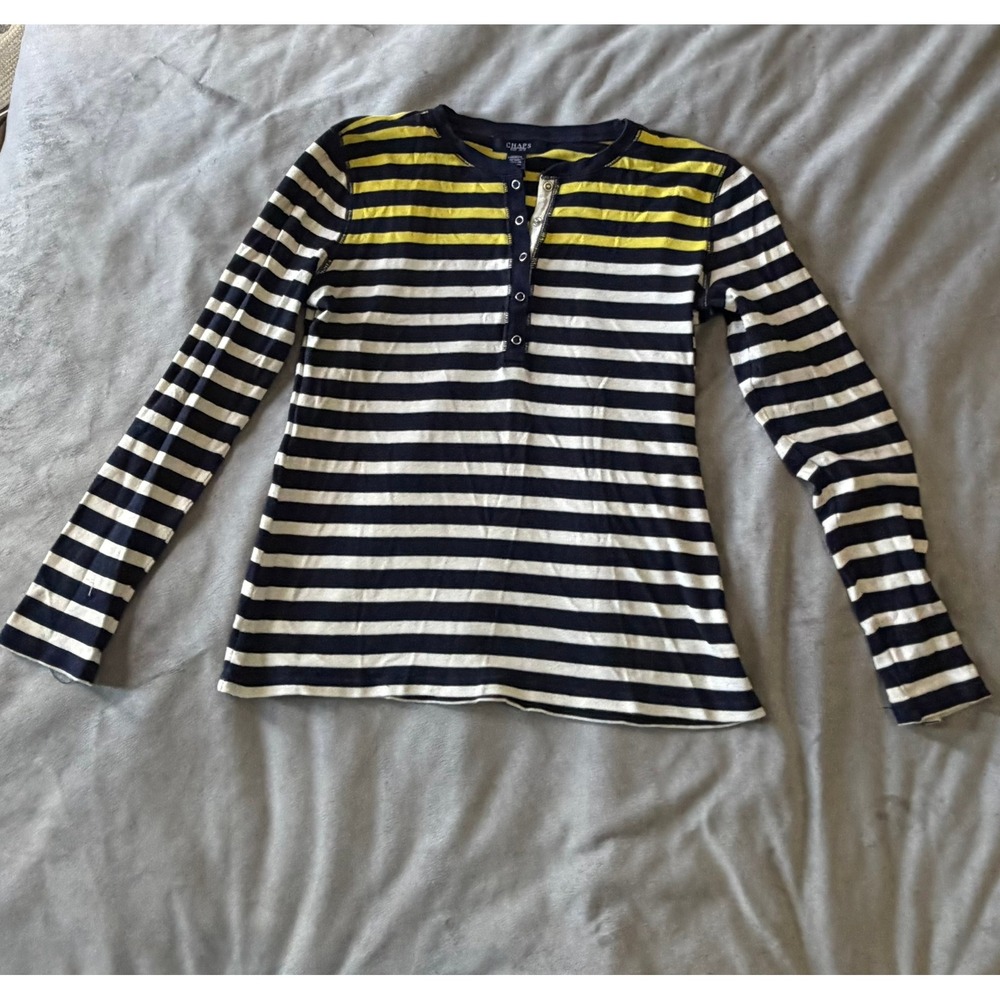 Chaps Womens Henley Long Sleeve Striped Cotton Top Navy Blue Yellow White Size M